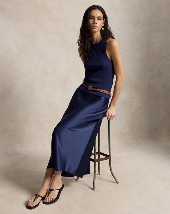 Navy Satin Maxi Skirt with Contrast Paneling for Casual Daywear Navy Satin Maxi Skirt with Contrast Paneling for Casual Daywear — Satin Skirts