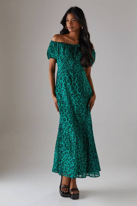 Emerald Green Leopard Print Off-Shoulder Milkmaid Dress for Parties — Milkmaid Dresses