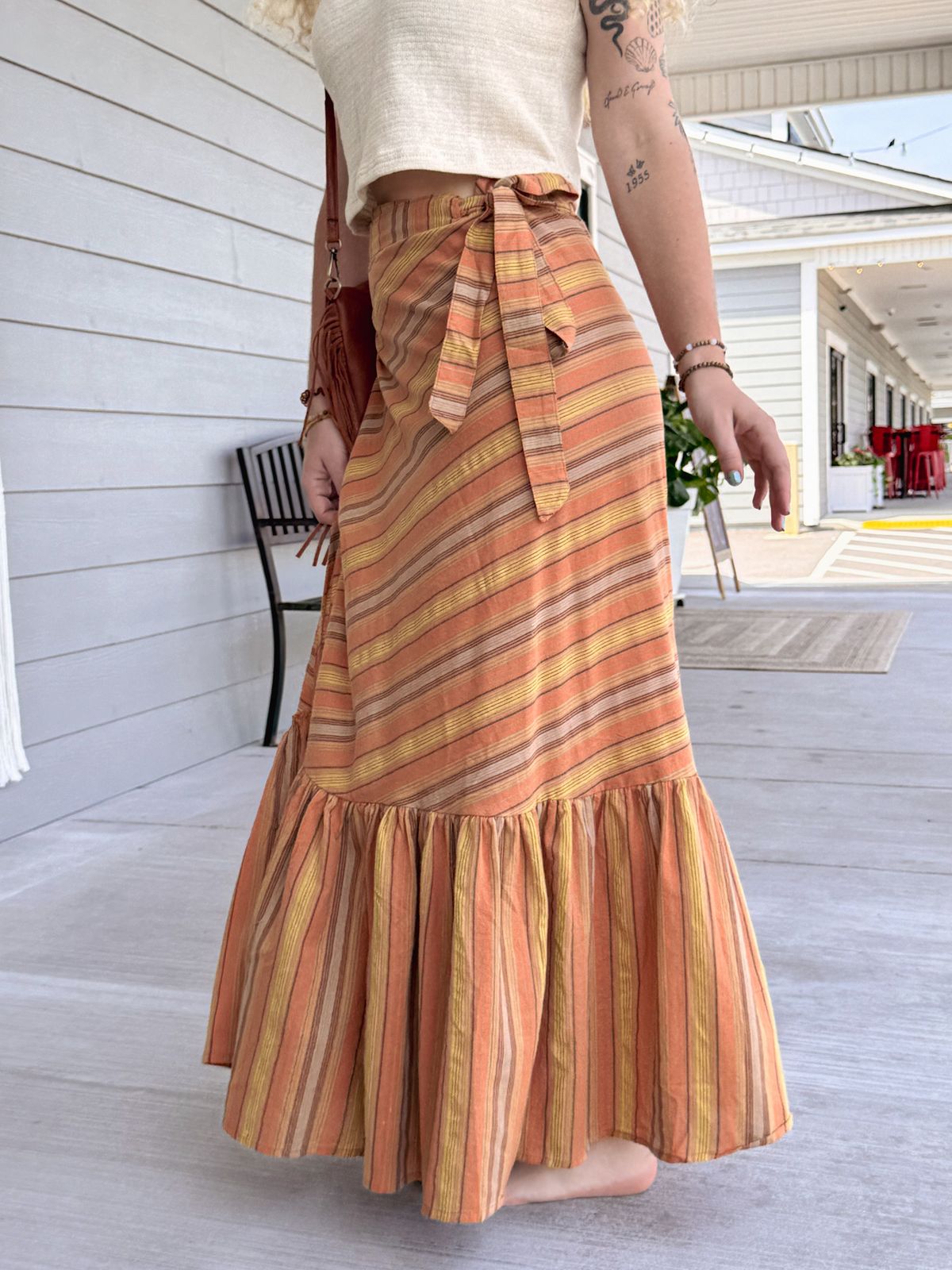 Striped Maxi Wrap Skirt with Ruffled Hem Striped Maxi Wrap Skirt with Ruffled Hem — Wrap Skirt Outfits