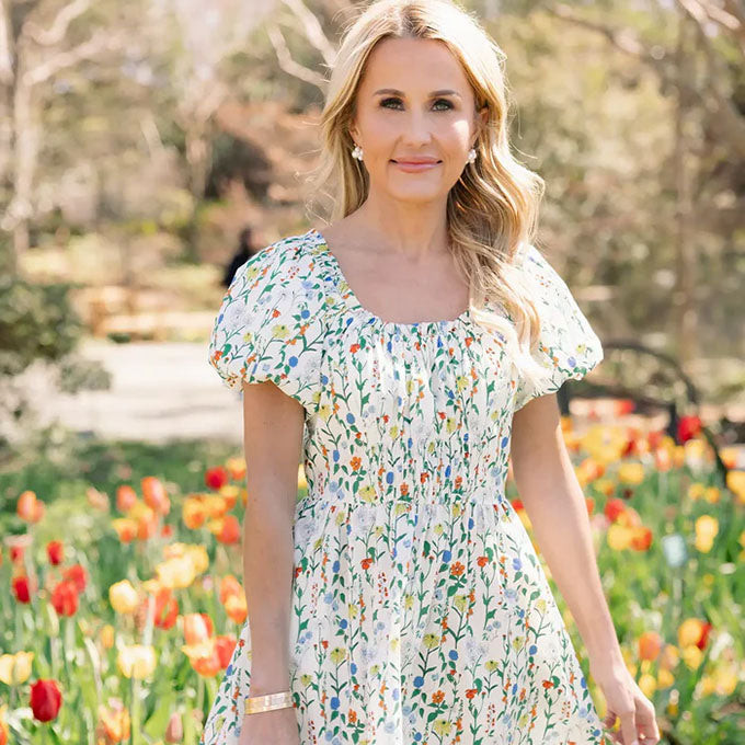Spring Garden Party: White Micro Floral Dress with Smocked Bodice Spring Garden Party: White Micro Floral Dress with Smocked Bodice — Floral Dress Outfits