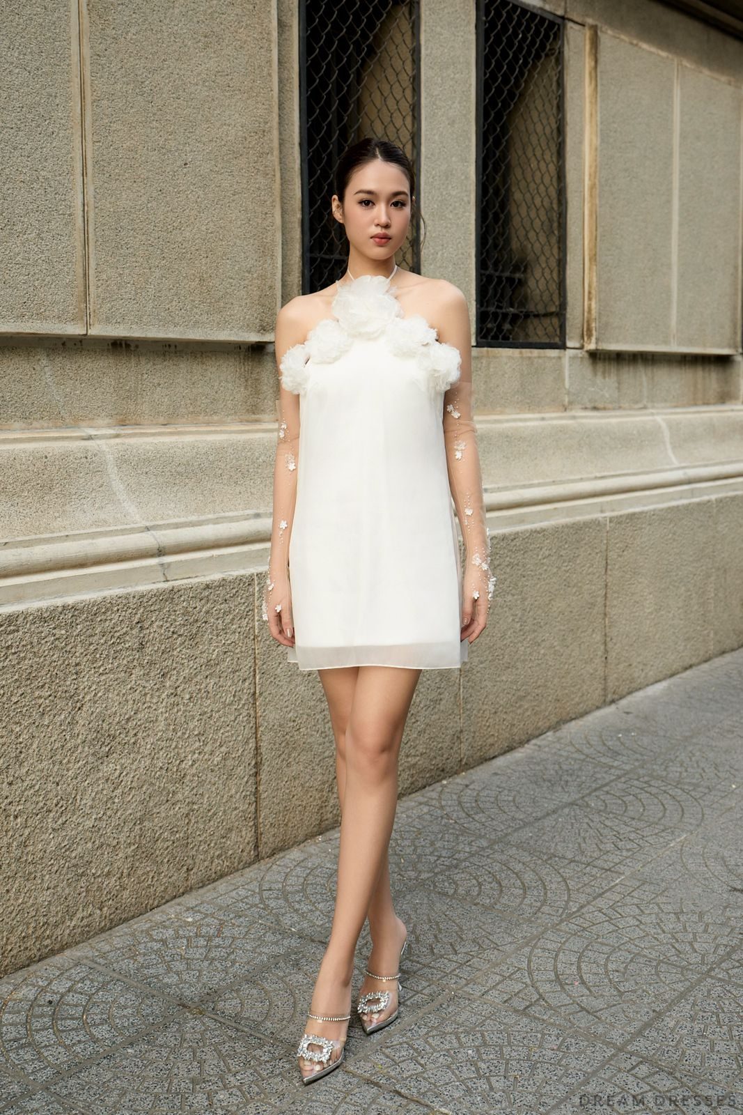 Short White Dress with 3D Floral Appliques and Sheer Sleeves Short White Dress with 3D Floral Appliques and Sheer Sleeves — Bridal Shower Dresses