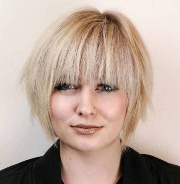 Platinum Shaggy Bob With Blunt Bangs — Hairstyles for Double Chin
