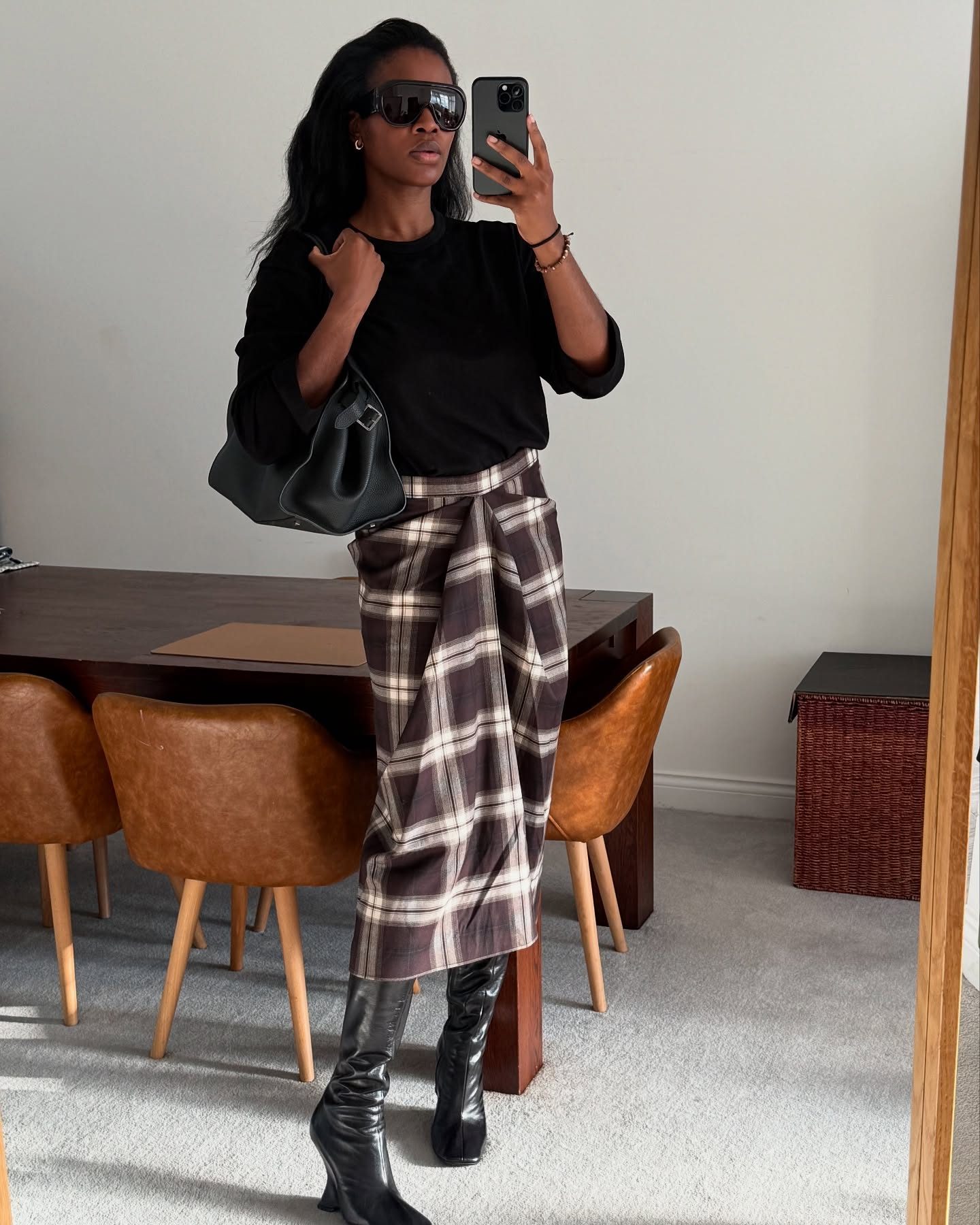 Black Top with Brown and Cream Plaid Wrap Skirt Black Top with Brown and Cream Plaid Wrap Skirt — Black and Brown Outfits