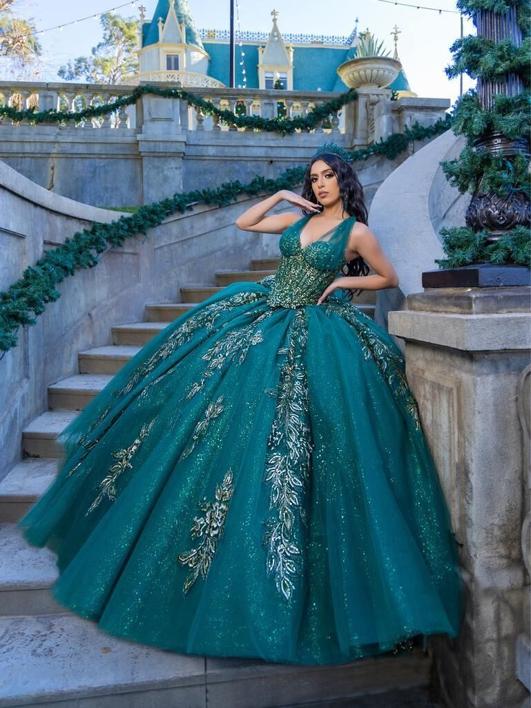 Emerald Green Ballgown with Gold Embroidery — Quinceanera Guest Outfits