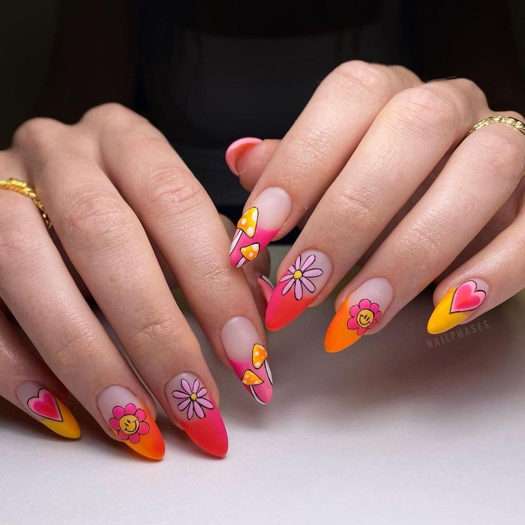 Long Stiletto Gradient With Charms — Smiley Face Nails