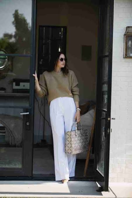Monogrammed Tote Bag with Casual Knit and Wide-Leg Pants — Michael Kors Bag Outfits