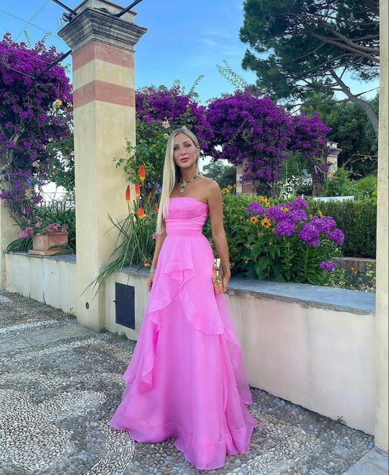 Vibrant Pink Strapless Organza Gown with Tiered Ruffles — Gala Dresses