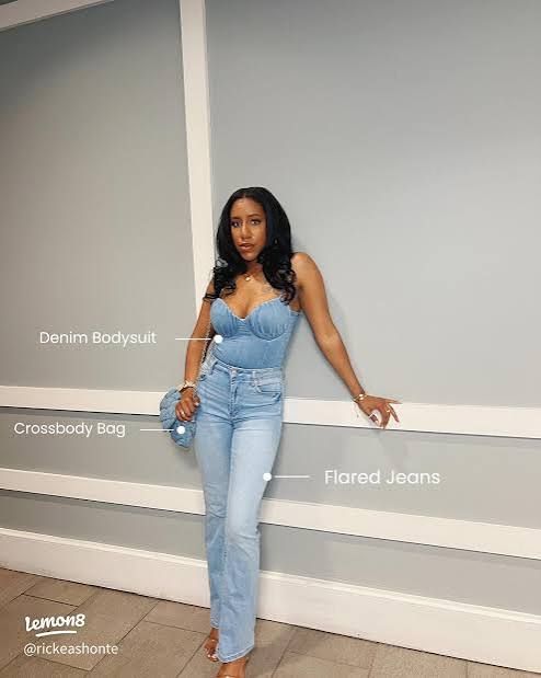 Denim Ensemble: Flare Jeans with Denim Bodysuit — Light Wash Jeans Outfits