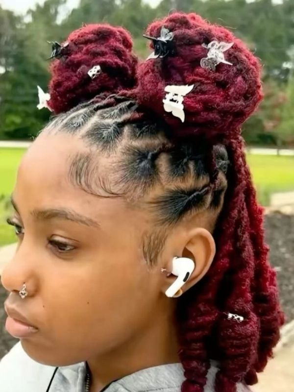 Burgundy Red Locs in Space Buns Burgundy Red Locs in Space Buns