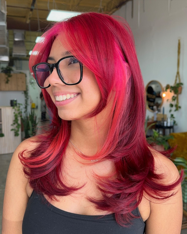 Shoulder Length Fuchsia With Pink Layers Shoulder Length Fuchsia With Pink Layers — Fuchsia Hair