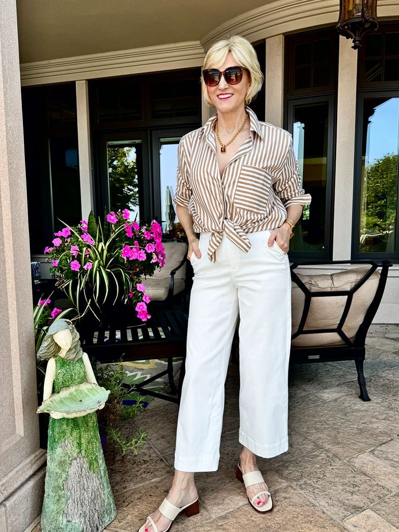White Wide Leg Cropped Jeans with a Tied Striped Shirt and Block Heels — Wide Leg Jeans