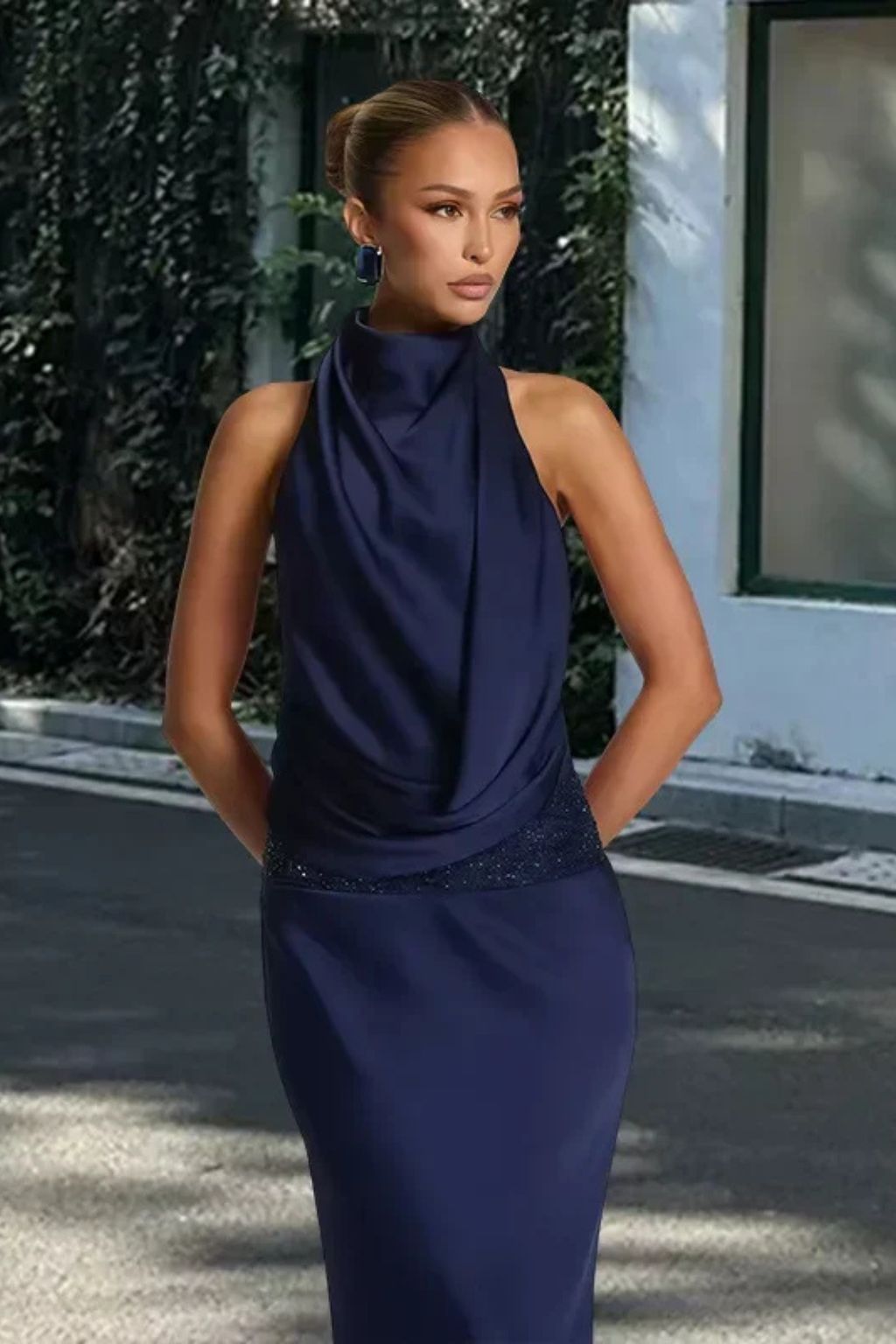 Navy Satin Slip Midi with Low Open Back Navy Satin Slip Midi with Low Open Back — Backless Dresses