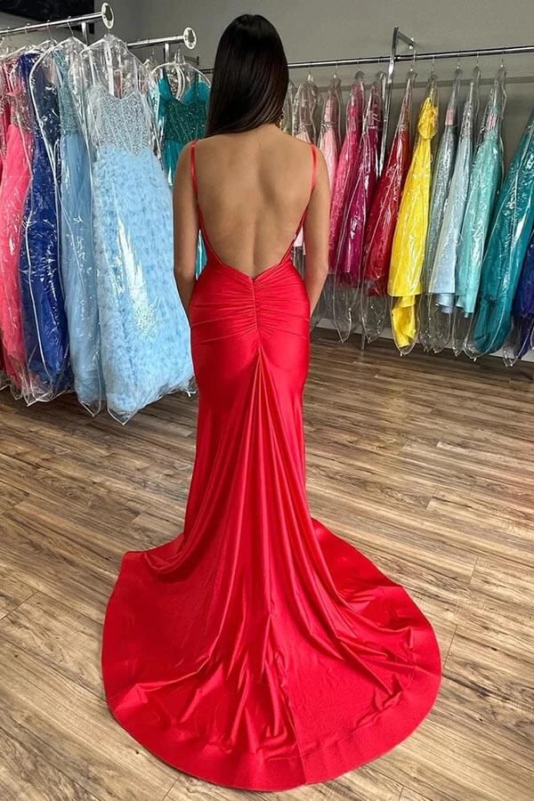 Red Satin Mermaid Prom Dress with Ruched Waist and Flared Train Red Satin Mermaid Prom Dress with Ruched Waist and Flared Train — Mermaid Dresses
