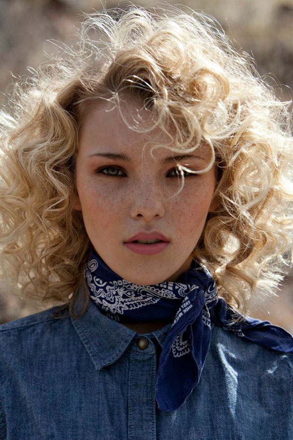 Outdoorsy Denim Shirt and Bandana with Blonde Curls Outdoorsy Denim Shirt and Bandana with Blonde Curls — Curly Bangs