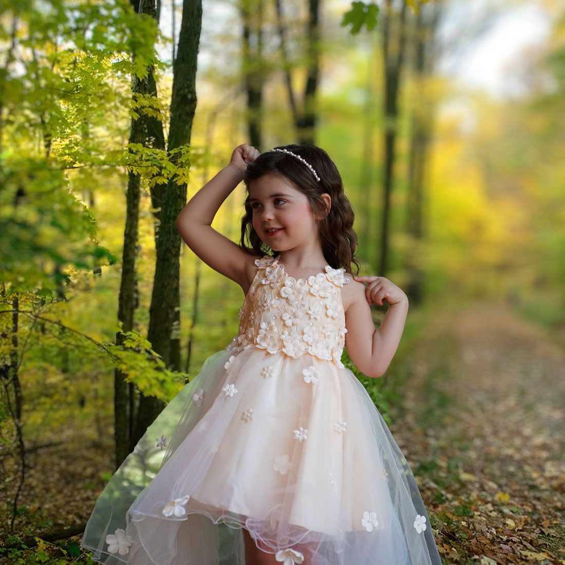 Peach Dress with 3D Floral Appliques and High-Low Hem Peach Dress with 3D Floral Appliques and High-Low Hem — Flower Girl Dresses