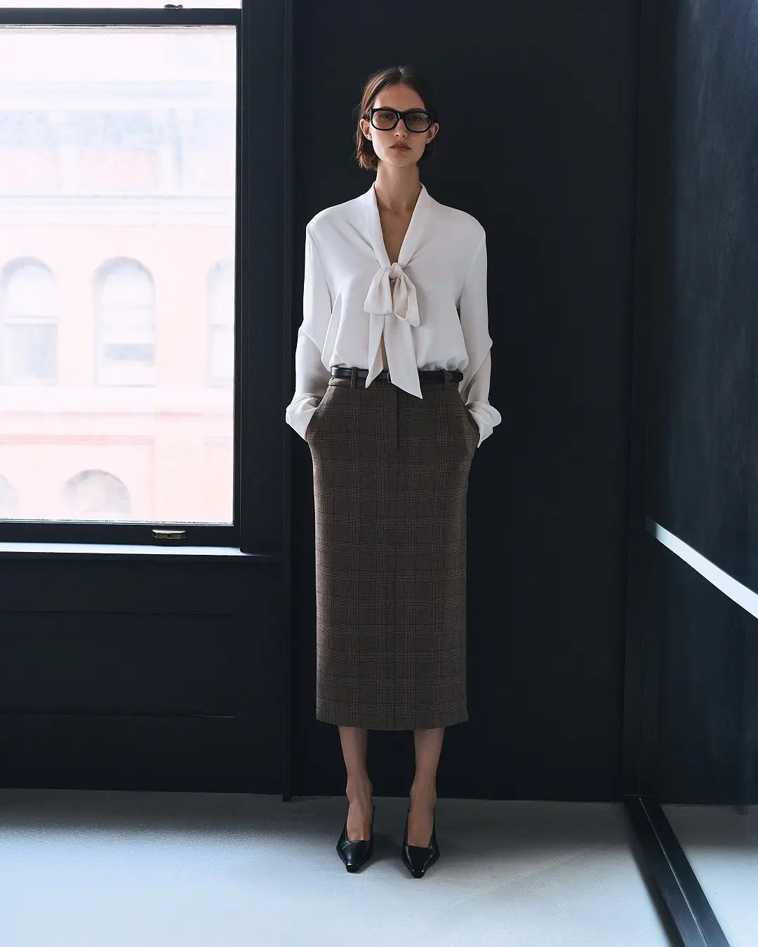 Pussy-Bow Blouse with Plaid Pencil Skirt — Outfits for Broad Shoulders