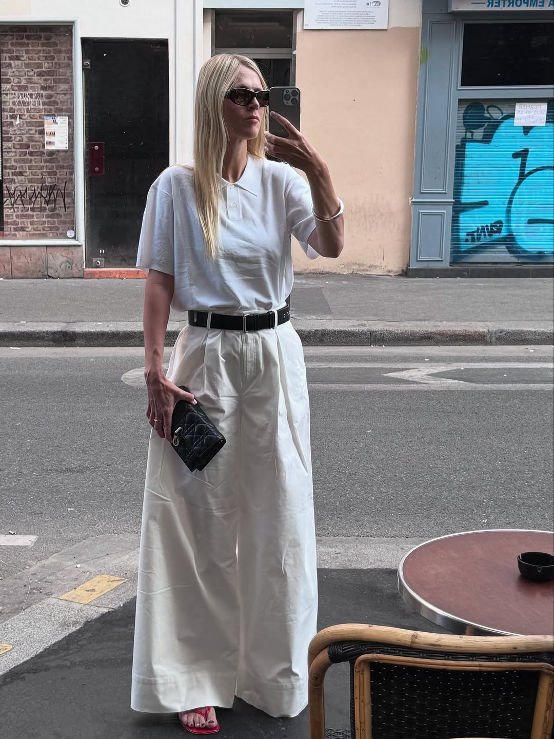 Monochrome White Polo and Wide-Leg Trousers with Black Accents — Black and White Outfits