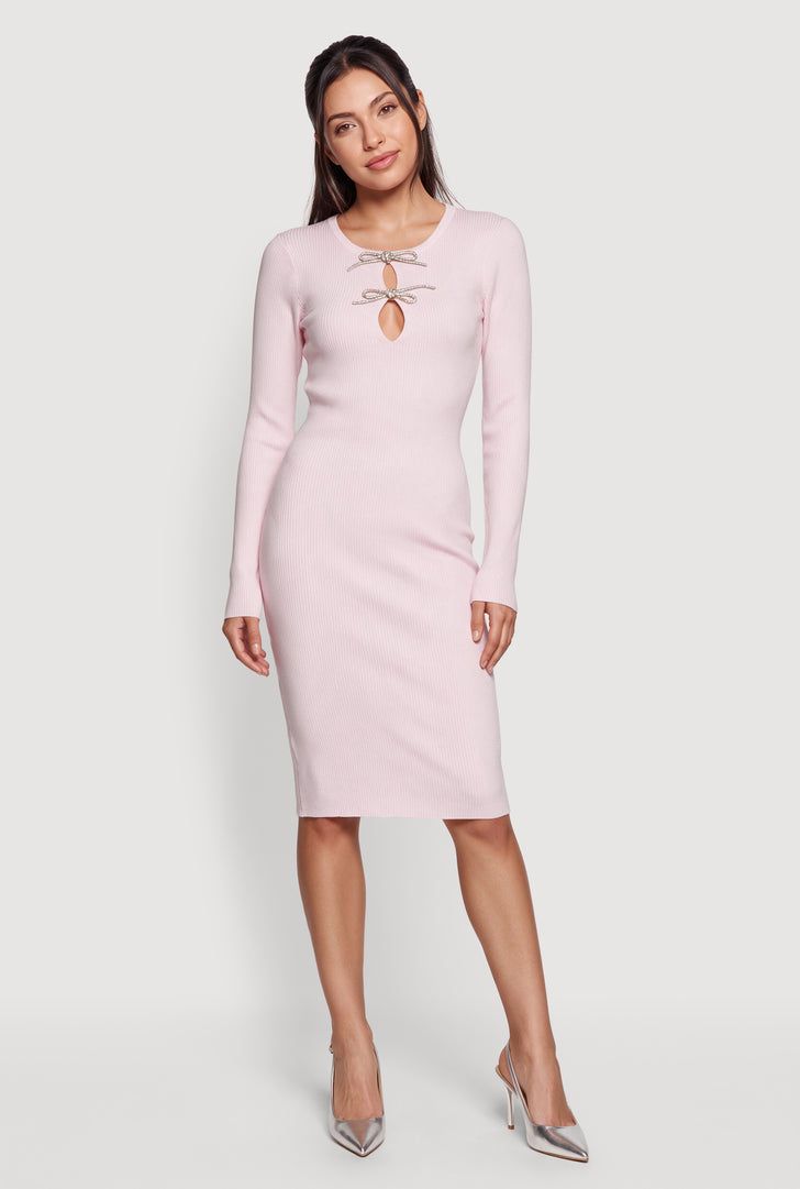 Light Pink Ribbed Knit Midi Dress with Keyhole Cutout — Going Out Dresses