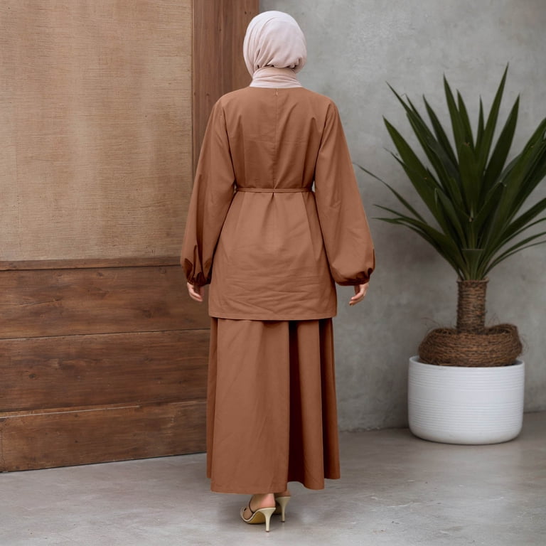 Brown Belted Two-Piece Set for a Coordinated Casual Outfit Brown Belted Two-Piece Set for a Coordinated Casual Outfit — Casual Hijab Outfits