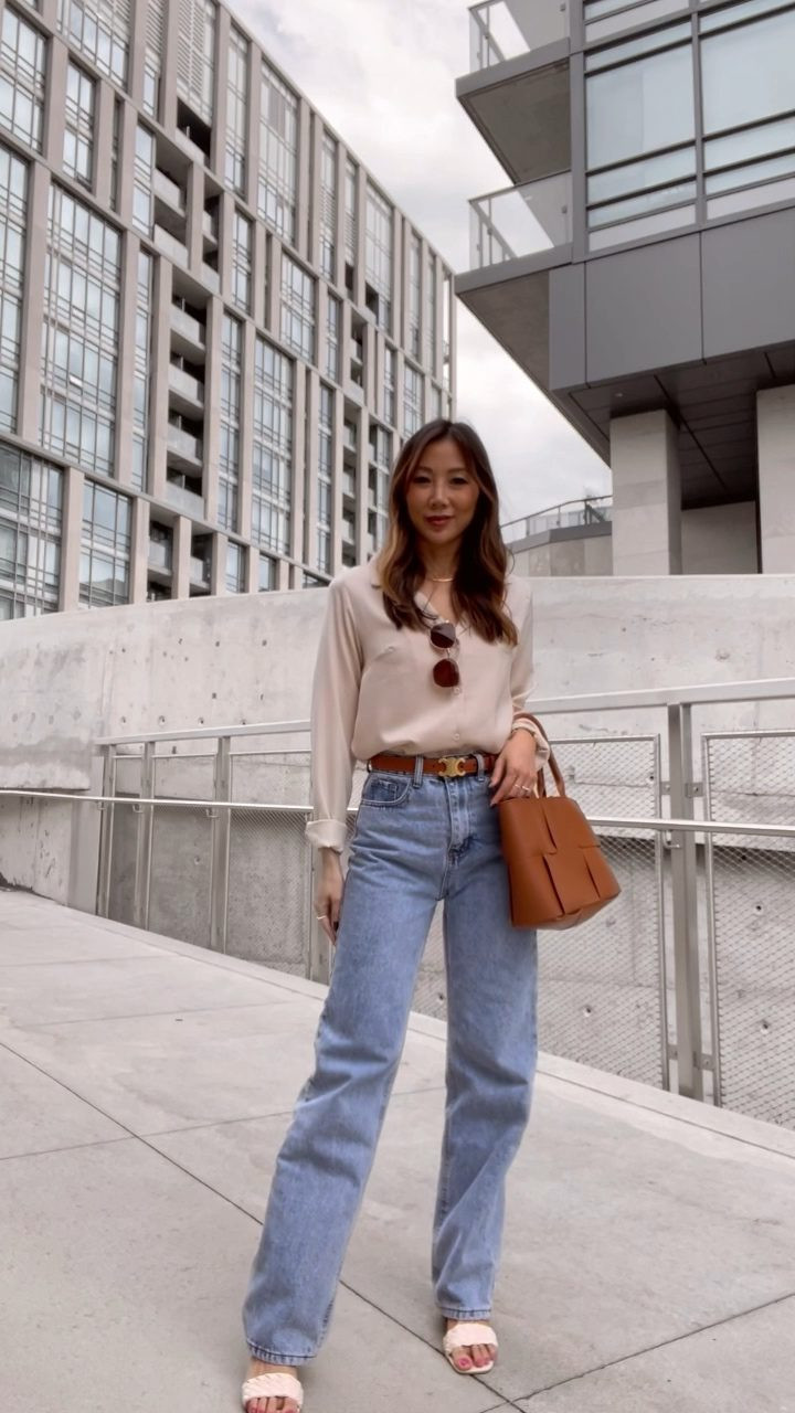 Satin Blouse and Wide-Leg Jeans with a Tan Leather Belt — Belt Outfits