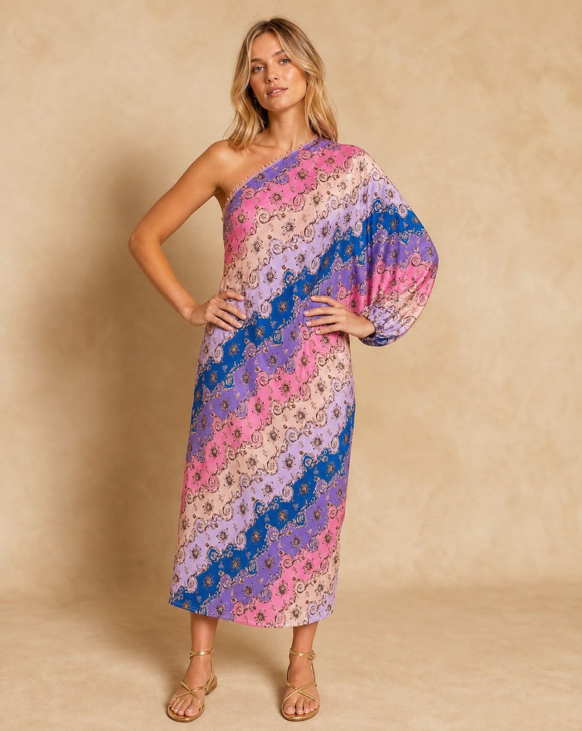 Multicolor One-Shoulder Midi Dress with Abstract Print — Rehearsal Dinner Dresses