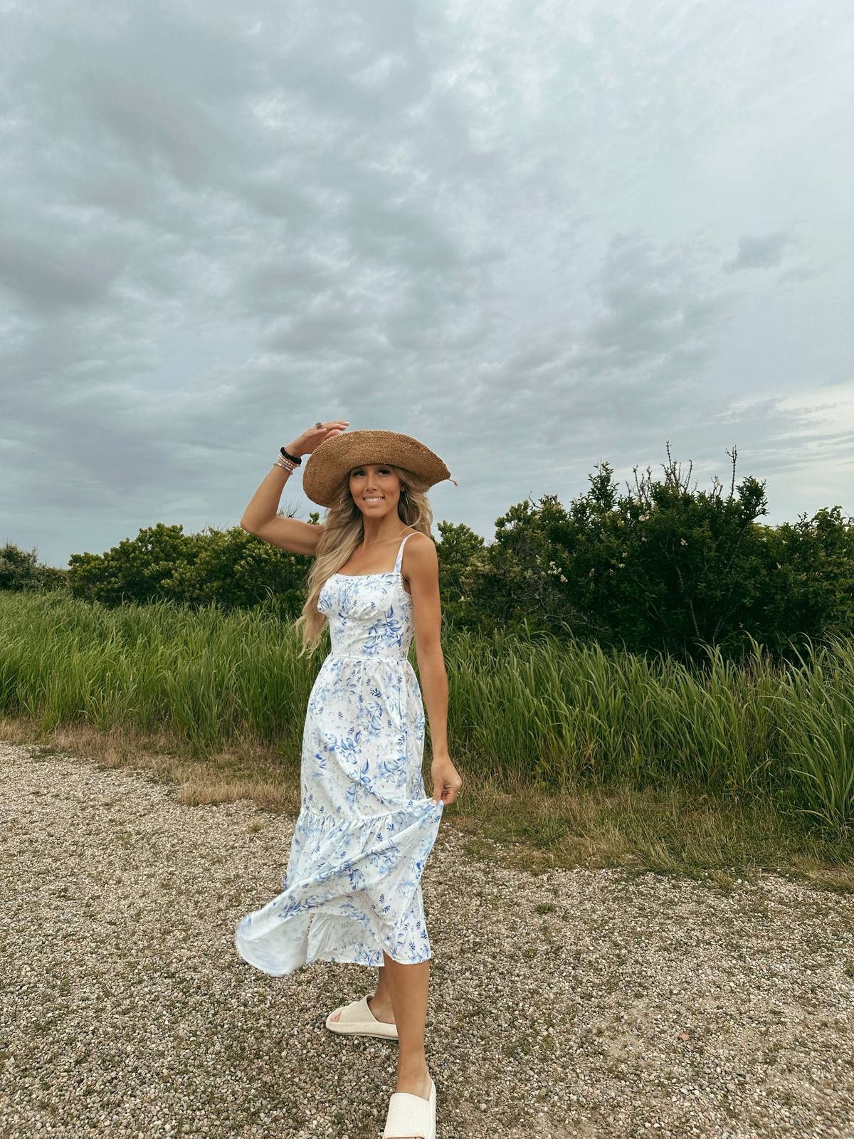 Floral Print Maxi Dress with Straw Sun Hat — Nantucket Outfits