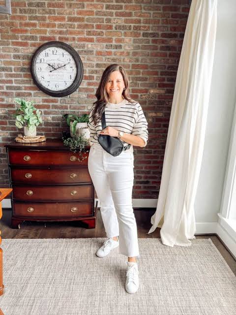 Striped Top, White Jeans, and White Sneakers: Monochromatic Chic — White Sneakers Outfits