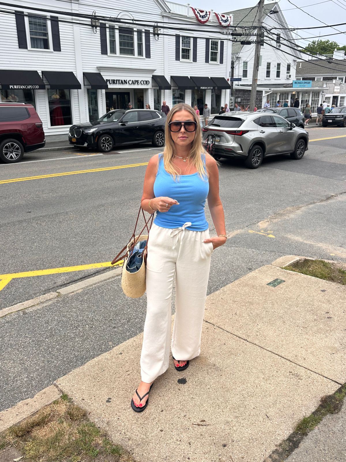 Blue Tank Top with White Linen Wide-Leg Pants Blue Tank Top with White Linen Wide-Leg Pants — Cape Cod Outfits