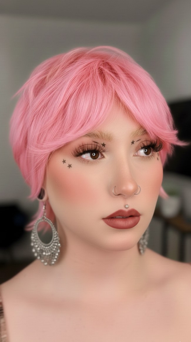 Fine Hair Pixie With Blunt Bangs — Bubblegum Pink Hair