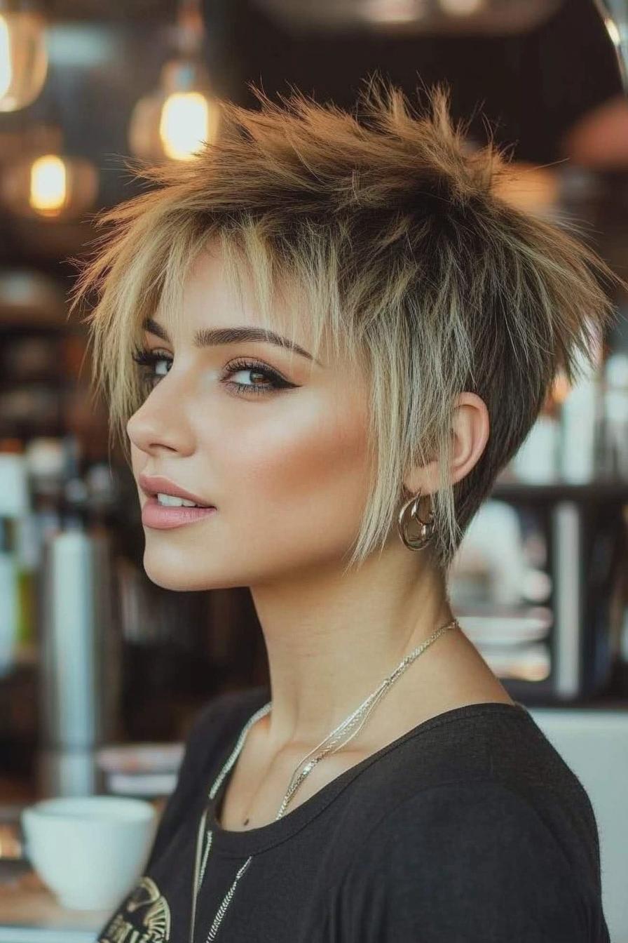 Light Brown Pixie With Blonde Highlights — Spiky Hair