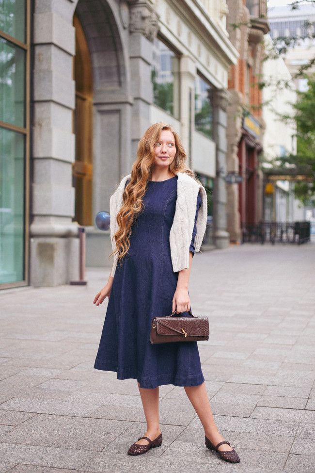Denim Fit-and-Flare with Draped Cardigan and Woven Flats Denim Fit-and-Flare with Draped Cardigan and Woven Flats — Denim Dress Outfits