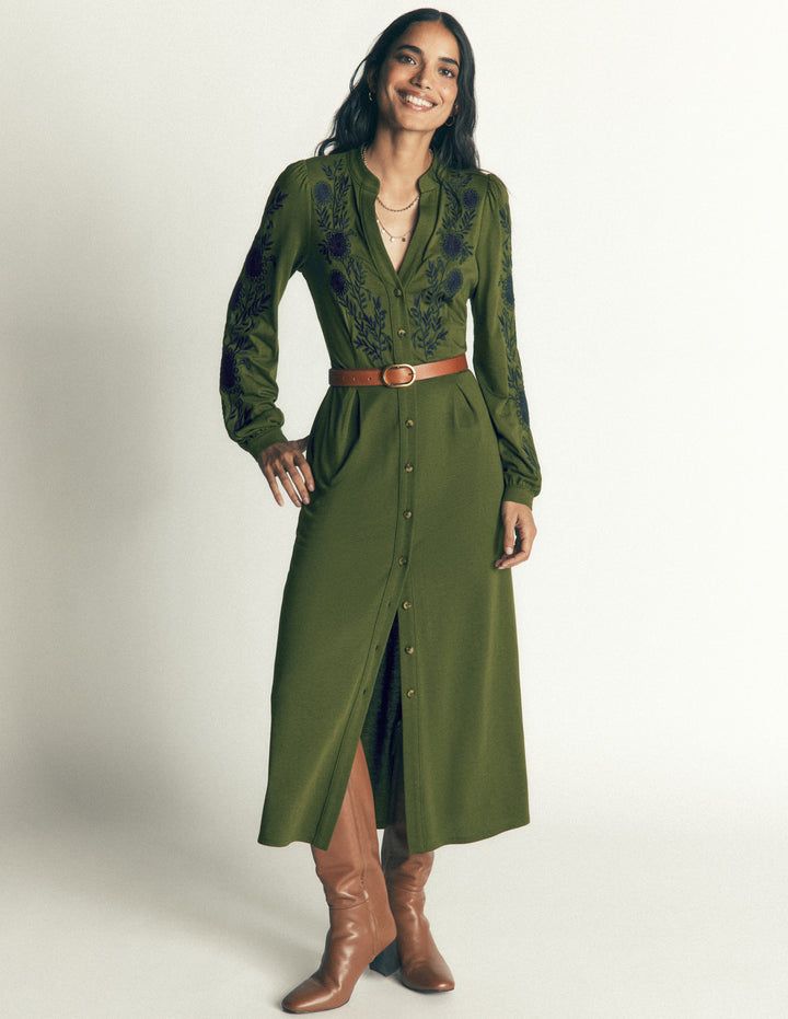 Embroidered Olive Green Wrap Dress with Knee-High Boots — Wrap Dress Outfits