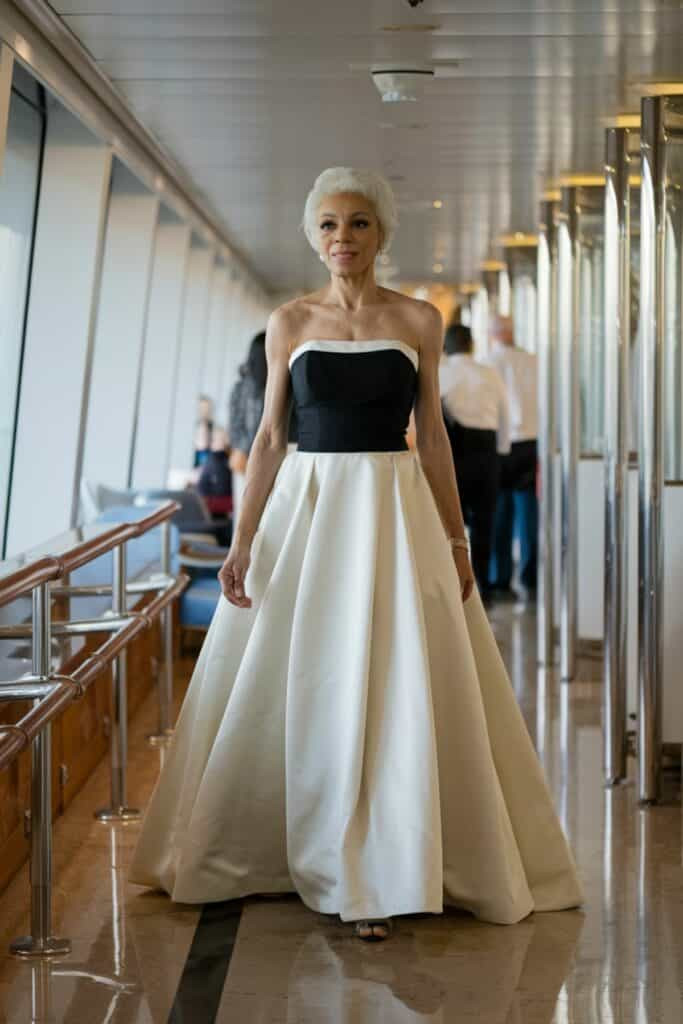 Dramatic Black Bodice and Ivory Ballgown Skirt for Formal Nights — Cruise Dinner Outfits