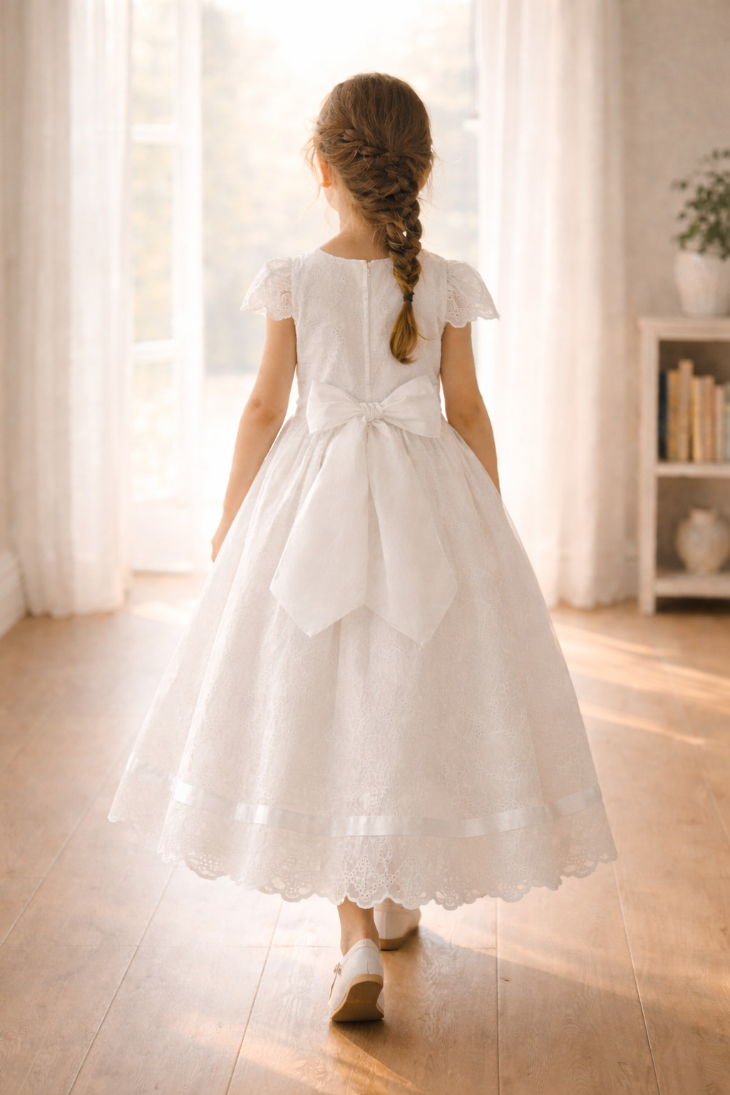 Classic White Cotton Eyelet Dress with Satin Waist Bow Classic White Cotton Eyelet Dress with Satin Waist Bow — First Communion Outfits