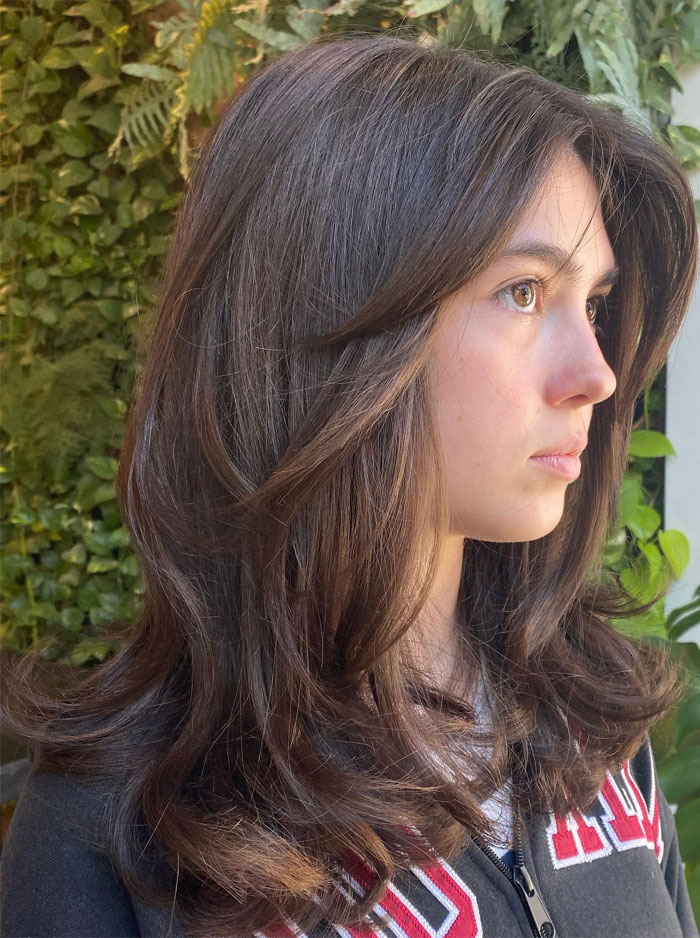 Dark Brown Shoulder Cut With Bangs Dark Brown Shoulder Cut With Bangs — 90s Blowout