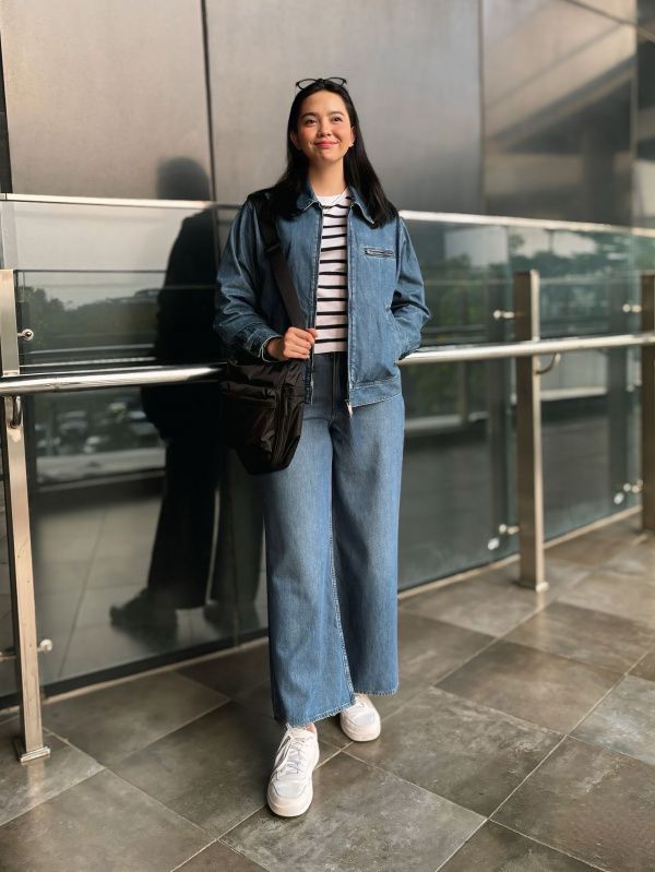 Denim Track Jacket with Striped T-Shirt and Wide-Leg Jeans — Track Jacket Outfits