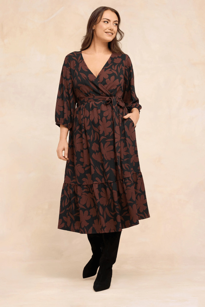 Brown Floral Wrap Dress with 3/4 Sleeves and Tiered Hem — Dresses for Apple Shape