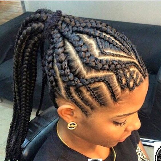 Box Braid Ponytail With Geometric Cornrows Box Braid Ponytail With Geometric Cornrows — Braided Ponytail for Black Women
