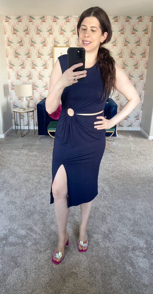 Fitted Navy Dress with Waist Cutout and High Slit — Outfits for Short Torso