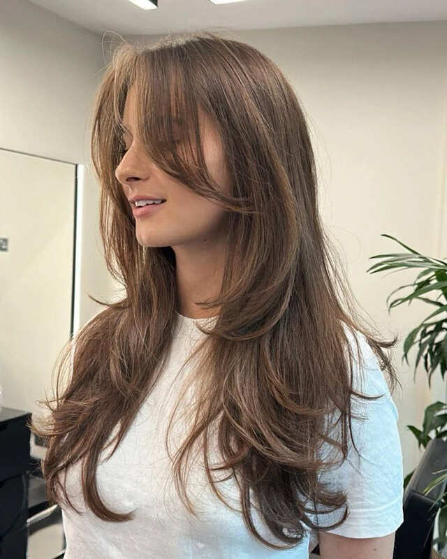 Medium Brown Lob With Wispy Bangs — Long Layered Hair