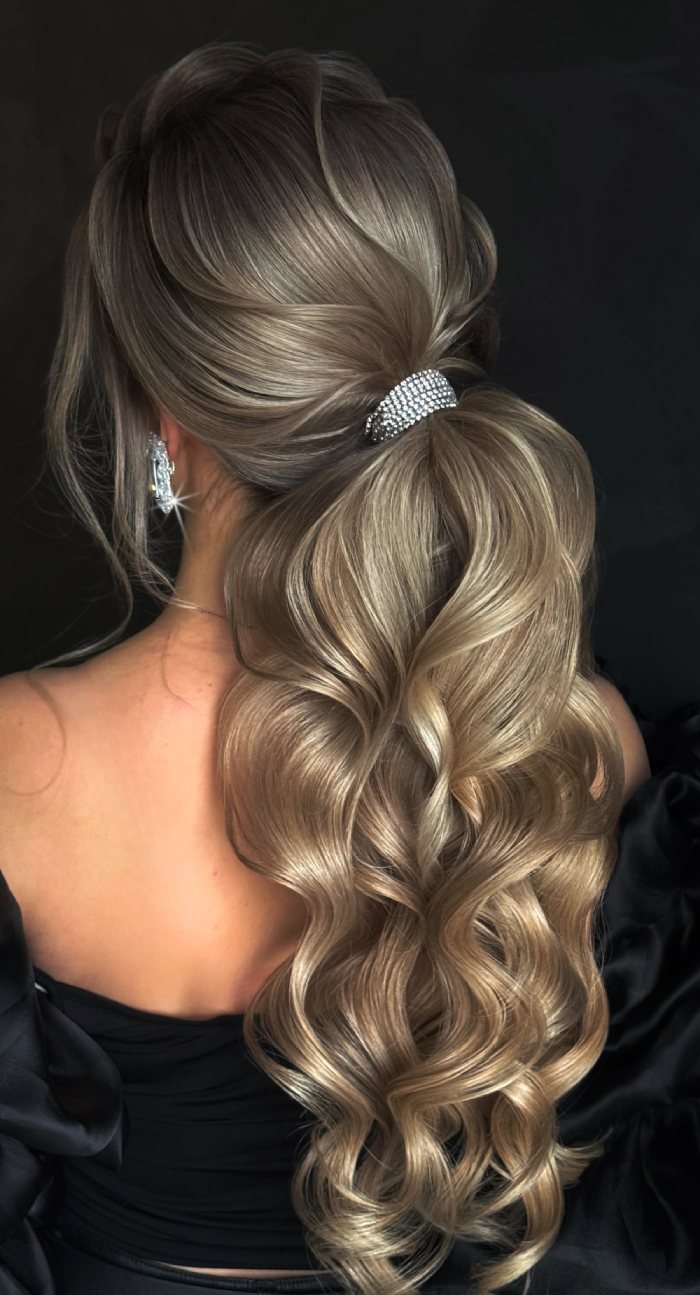 Ash Blonde Low Ponytail With Sparkling Accessory