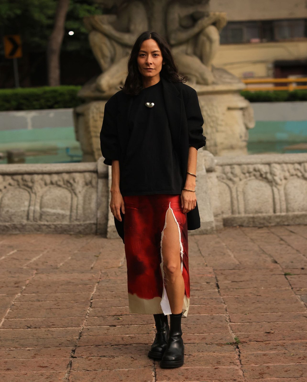 Abstract Print Midi Skirt with Oversized Blazer — Mexico City Outfits