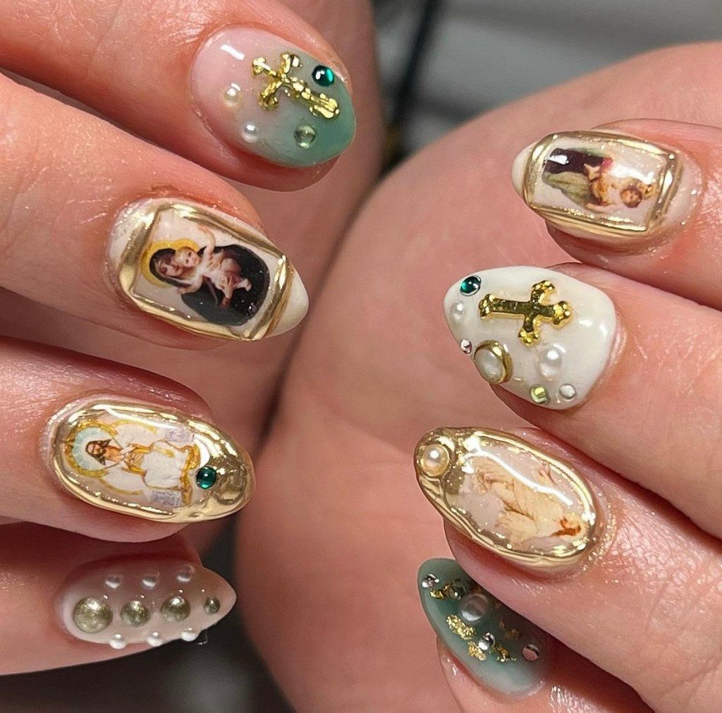 Green Gemstone and Religious Icon Nails Green Gemstone and Religious Icon Nails — Church Nails