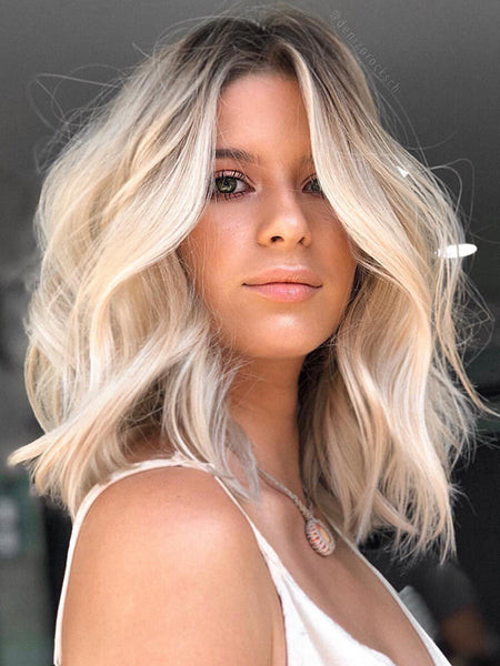 Platinum Lob With Dark Root Shadow Platinum Lob With Dark Root Shadow — Blonde Hair with Dark Roots