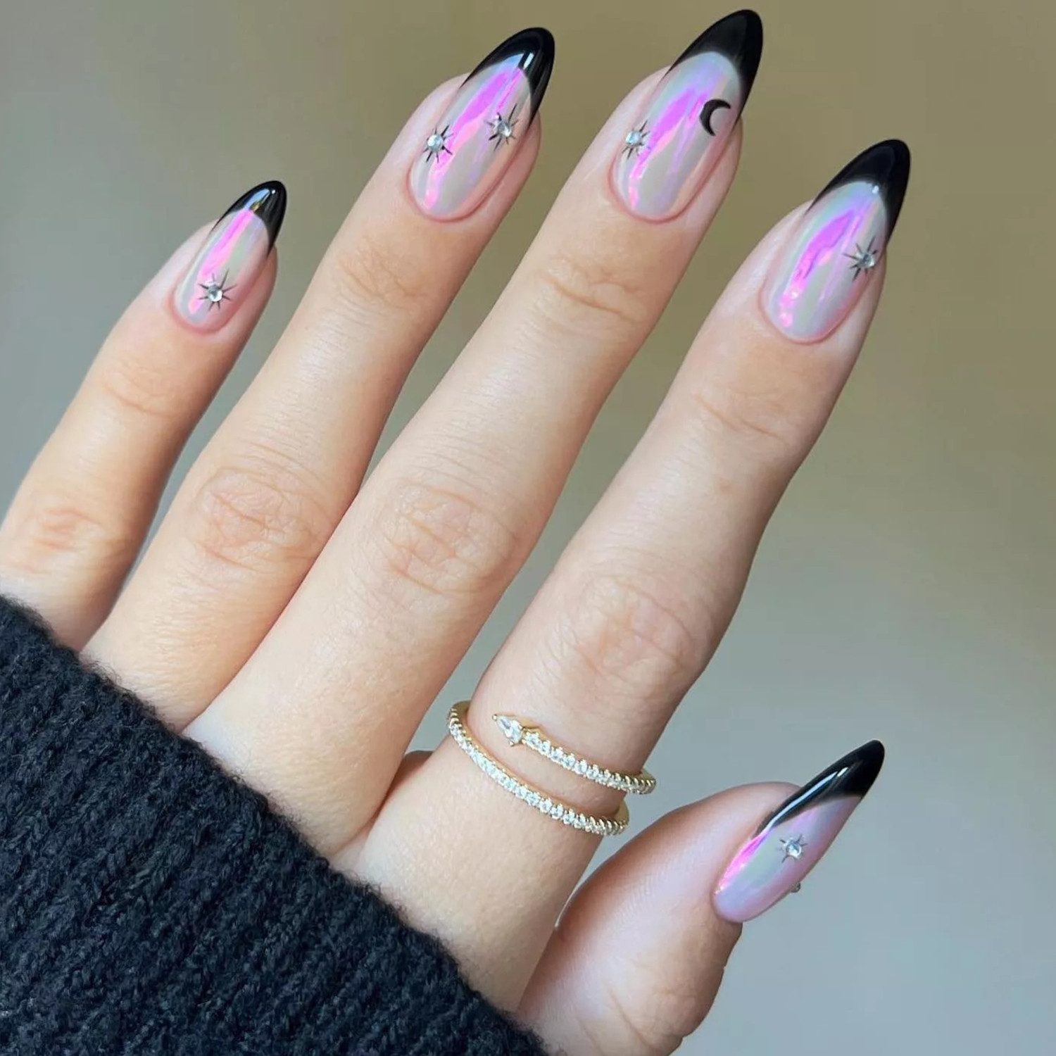 Iridescent French Tips with Celestial Accents Iridescent French Tips with Celestial Accents — Moon and Stars Nails