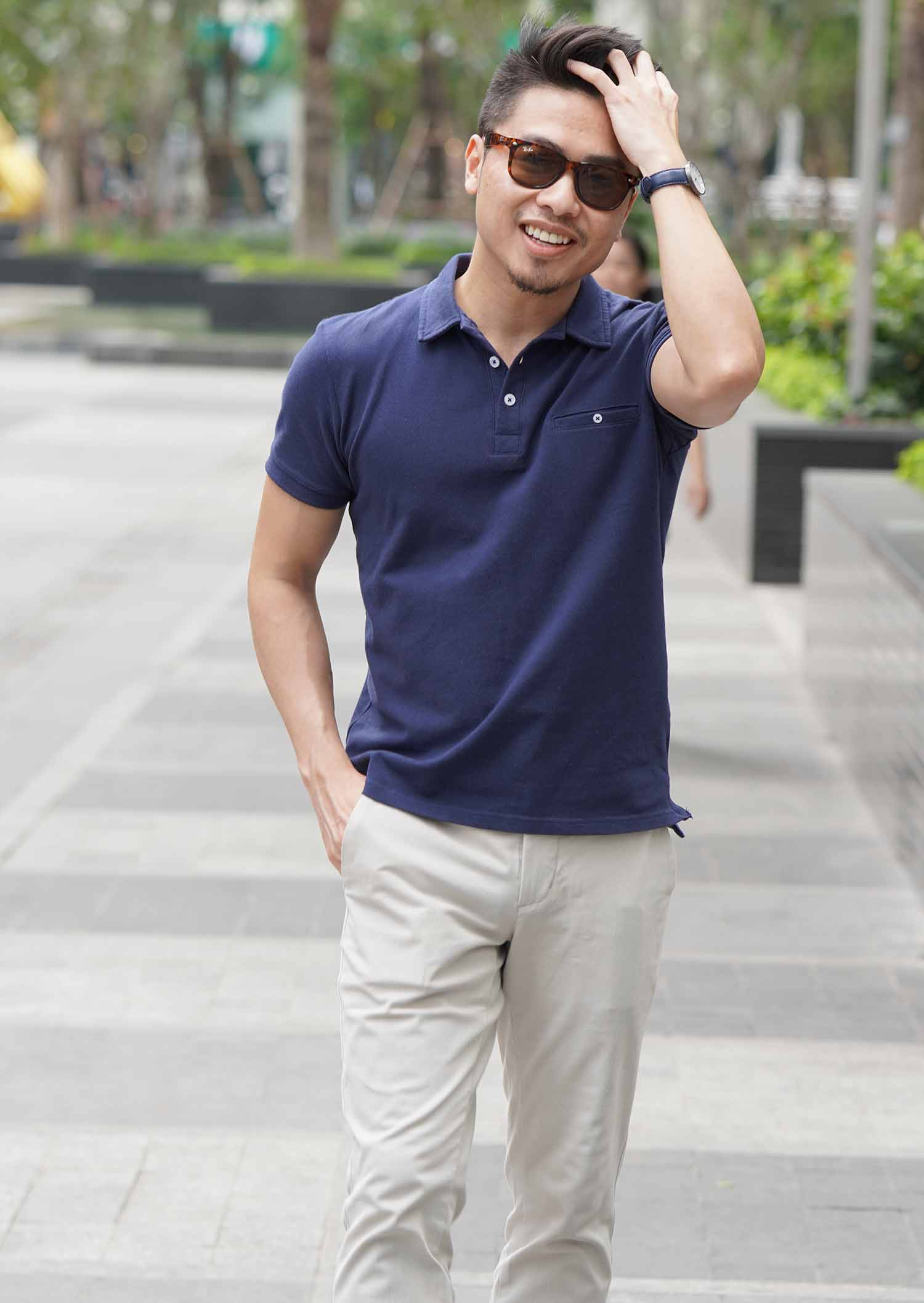 Navy Polo with Beige Trousers for Casual Fridays Navy Polo with Beige Trousers for Casual Fridays — Mens Business Casual Outfits