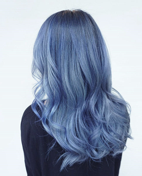 Collarbone Wavy Hair with Darker Roots — Pastel Blue Hair