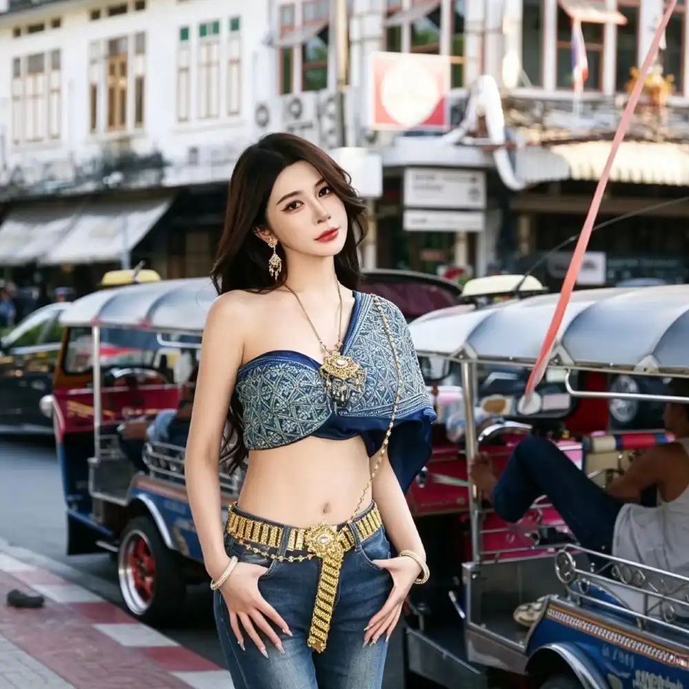 Off-Shoulder Top and Jeans with Gold Belt for Sightseeing — Thailand Outfits