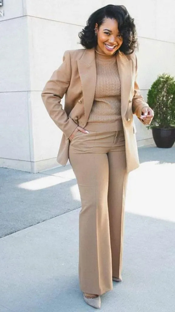 Monochromatic Camel Suit with Knit Turtleneck — First Day of Work Outfits