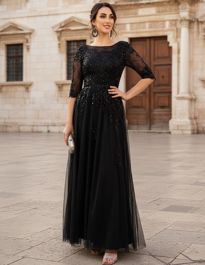 Elegant Black Sequined Lace Dress for a Formal Funeral Service Elegant Black Sequined Lace Dress for a Formal Funeral Service — Funeral Outfits